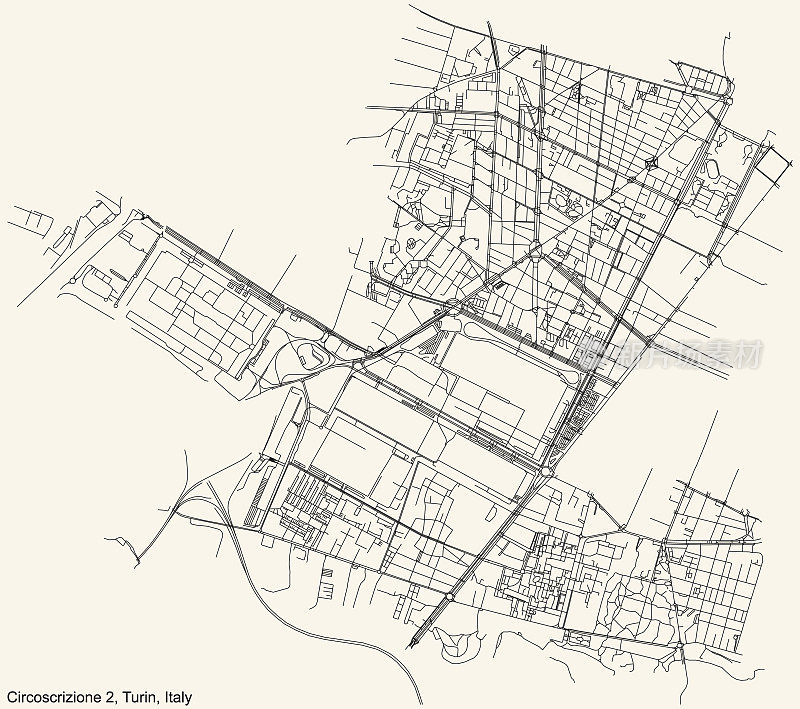 意大利都灵Circoscrizione 2区(Santa Rita, Mirafiori Nord, Mirafiori Sud)街道道路图